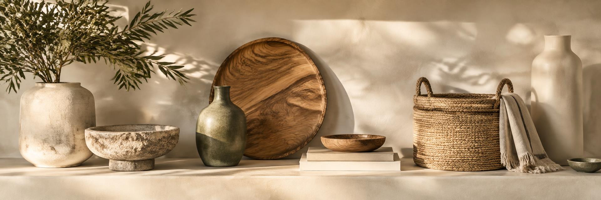 Handcrafted ceramics and woven baskets on a plaster shelf